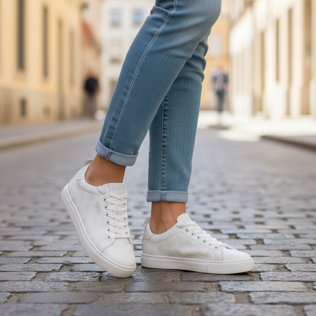 TENIS GUESS BLANCOS PARA MUJER CON UN MONOGRAMA EN RELIEVE