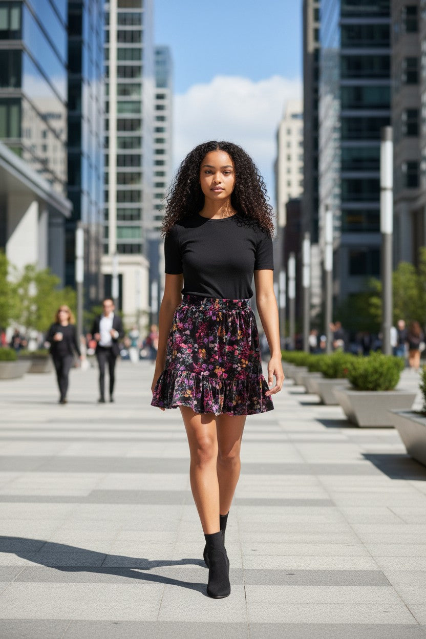 MINIFALDA-CASUAL-NEGRO-C- FLORES-TALLA ( S )