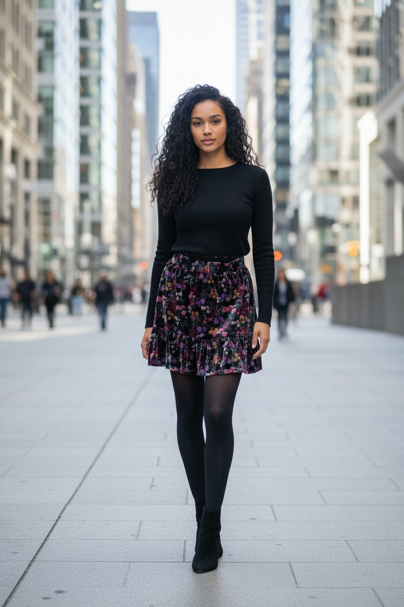 MINIFALDA-CASUAL-NEGRO-C- FLORES-TALLA ( S )